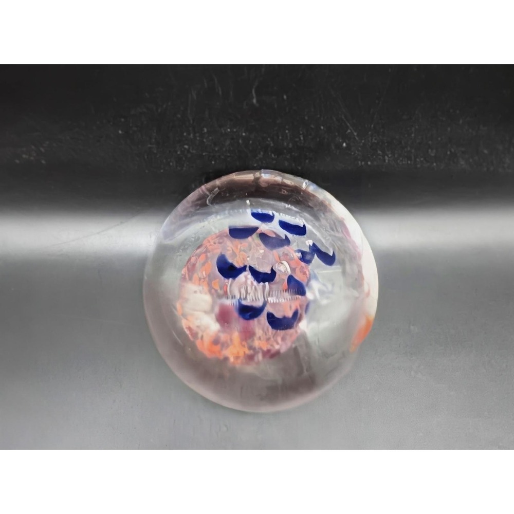 Vintage Hand Blown Art Glass Paperweight Blue Orange Pink Controlled Bubbles